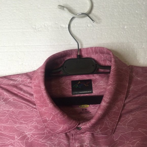Greg Norman Polo Shirt Mens Medium Pink W/Shark Pattern Casual Golf Short Sleeve - Picture 4 of 7